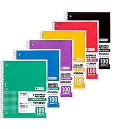 Mead Spiral Quad Ruled Notebook, 1 Subject 5 Squares per inch 100 Sheets, 6 Pack