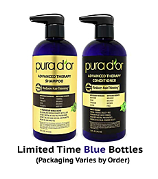 PURA D'OR Advanced Therapy System - Biotin Shampoo & Conditioner Set (16oz x 2) Increases Volume, Strength & Shine, No Sulfates, Argan Oil, Aloe Vera, All Hair Types, Men & Women (Packaging may vary)