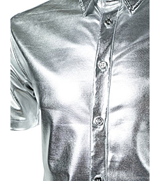JOGAL Men's 70s Disco Shiny Metallic Gold Silver Short Sleeve Button Down Shirts Large Silver