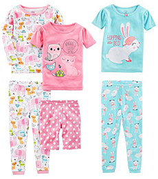 Simple Joys by Carter's Baby Girls' 6-Piece Snug-Fit Cotton Pajama Set, Teal Blue/Pink/White, Bunny/Animal, 18 Months