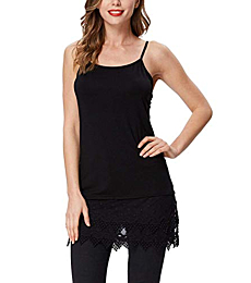 Sexy Women's Basic Spaghetti Tops Long Modal Camisole with Lace Bottom(S,Black)