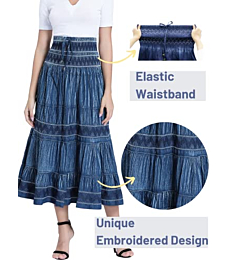 DREFBUFY Maxi Skirt Womens High Waist Pleated Tiered Long Skirts, Denim Look with Elastic Waistband, Casual Style Midi Dress for Women, Multi Wearing Styles (Blue15, Large)