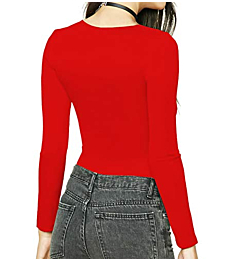 MANGDIUP Women's Round Collar Long Sleeve Elastic Bodysuit Jumpsuit (Red, XXL)