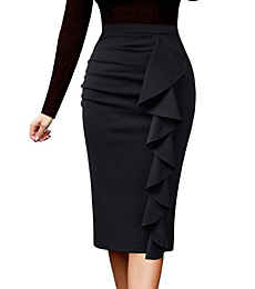 VFSHOW Women Elegant Ruched Ruffle Slit Work Business Party Pencil Skirt 2511 BLK M