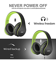 Bluetooth Headphones Over-Ear, Zihnic Foldable Wireless and Wired Stereo Headset Micro SD/TF, FM for Cell Phone,PC,Soft Earmuffs &Light Weight for Prolonged Wearing(Black/Green)