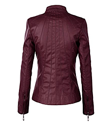 Lock and Love LL WJC877L Womens Panelled Faux Leather Moto Jacket XL Wine