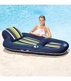 Aqua Luxury Pool Float Lounge – Extra Large – Heavy Duty, Inflatable Pool Floats for Adults with Headrest, Backrest, Footrest & Cupholder – Navy/Green/White Stripe