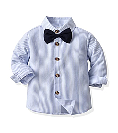 Baby Boys' Dress Clothes, Toddlers Tuxedo Outfit, Long Sleeves Vertical Stripe Button Down Shirt with Bow Tie + Suspender Pants Set Suit, W02 Blue Tag 110 = 2.5 - 3 Years