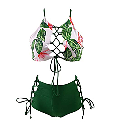GIRLANDSEA Women Two Piece Bikini High Waist Tankini Backless Leaf Bathing Suit Set Green L