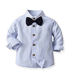 Baby Boys' Dress Clothes, Toddlers Tuxedo Outfit, Long Sleeves Vertical Stripe Button Down Shirt with Bow Tie + Suspender Pants Set Suit, W02 Blue, Tag 60 = 3 - 9 Months
