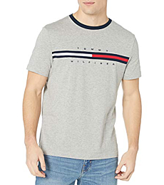 Tommy Hilfiger Men's Short Sleeve Signature Stripe Graphic T-Shirt, Grey Heather, Small