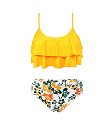SHEKINI Girls Floral Printing Bathing Suits Ruffle Flounce Two Piece Swimsuits (Yellow - B, 10-12 Years)
