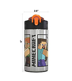 Zak Designs Minecraft - Stainless Steel Water Bottle with One Hand Operation Action Lid and Built-in Carrying Loop, Kids Water Bottle with Straw Spout is Perfect for Kids (15.5 oz, 18/8, BPA-Free)