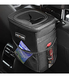 HOTOR Trash Can with Lid and Storage Pockets, 100% Leak-Proof Organizer, Waterproof Garbage Can, Multipurpose Trash Bin for Car - Black