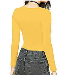 MANGDIUP Women's Round Collar Long Sleeve Elastic Bodysuit Jumpsuit (Yellow1, XXL)