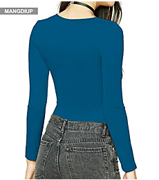 MANGDIUP Women's Round Collar Long Sleeve Elastic Bodysuit Jumpsuit (Blue1, XXL)