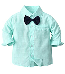 SANGTREE Baby Boy's Formal Outfit, Button Down Stripes Dress Shirt with Bow Tie + Suspender Pants Set for Toddlers Baby & Little Boys, 2 Pieces Baby Gift Clothes, Green, Tag 110 = 2-3 Years