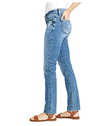 Silver Jeans Co. Women's Elyse Mid Rise Straight Leg Jeans, Distressed Medium Indigo Wash, 22W X 32L