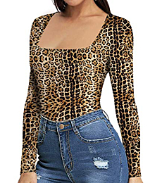 MANGOPOP Women's Square Neck Short Sleeve Long Sleeve Tops Bodysuit Jumpsuit (Long Sleeve 3#Leopard, Small)