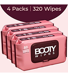 BOOTY WIPES for Women - 320 Flushable Wipes for Adults, Feminine Wet Wipes (320 Wipes Total - 4 Flip-Top Packs of 80) pH Balanced, Infused with Vitamin-E & Aloe