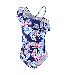 Girls One Piece Bathing Suit One Shoulder Ruffle Floral Swimsuits Kids Summer Swimwear Blue Size 12