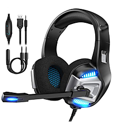 Gaming Headset for Xbox One, PS4 Gaming Headset with 7.1 Surround Sound Stereo, Noise Canceling Over Ear Headphones with Mic, LED Light, Soft Memory Earmuffs for Nintendo Switch, PC, Mac, Laptop