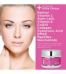 All In One Super Anti-Aging Cream for Face with Retinol, Vitamin C, Stem Cells, Vitamin E, CoQ10, Collagen, Hyaluronic Acid, DMAE, Peptides, Niacinamide for More Youthful Looking Skin 2 oz / 60 g