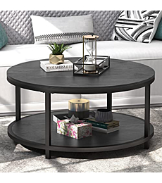 WiberWi Round Coffee Table Black Coffee Tables for Living Room 35.8" Rustic Industrial Design Circle Table Furniture Sturdy Metal Frame Legs Cocktail Table with Storage Open Shelf, Easy Assembly
