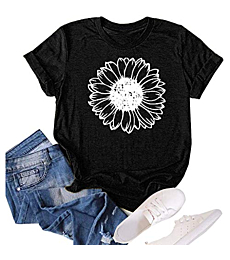 Women's Sunflower Summer T Shirt Plus Size Loose Blouse Tops Girl Short Sleeve Graphic Casual Tees (Black, Small)