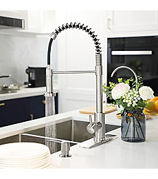 FORIOUS Kitchen Faucet with Pull Down Sprayer, Commercial Spring Kitchen Sink Faucet with Pull Out Sprayer, Single Handle Kitchen faucets with Deck Plate, Brush Nickel