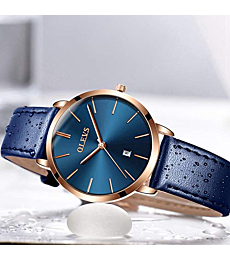 OLEVS Women Wrist Watches Ultra Thin 6.5mm Minimalist Dress Fashion Blue Leather Strap Blue Face Quartz Waterproof Date Day Slim Watches for Ladies