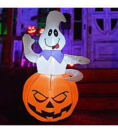 GOOSH 5 FT Height Halloween Inflatables Outdoor Ghost Grow Out from The Pumpkin, Blow Up Yard Decoration Clearance with LED Lights Built-in for Holiday/Party/Yard/Garden