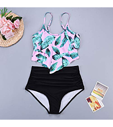HIFUAR Swimsuits for Women Two Piece Bathing Suits Ruffled Flounce Tankini Top with High Waisted Bottom Bikini Set Small Pink Leaves