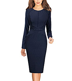 VFSHOW Womens Slim Front Zipper Work Cocktail Party Business Office Bodycon Pencil Sheath Navy Blue and White Striped Dress 6553 BLU S