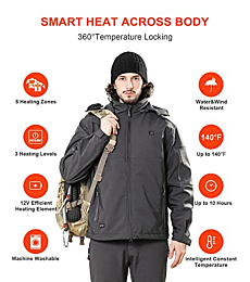 DEWBU Soft Shell Heated Jacket for Men with 12V Battery Pack and Detachable Hood Outdoor Electric Heating Coat, Grey, M