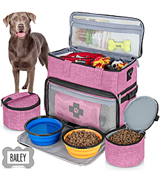 Dog Travel Bag Airline Approved for Dog and Cat Tote Organizer with Multi Function Pockets , 2 Food Containers and Collapsible Bowls , Weekend Away Dog Bag for Travel Accessories (Pink)