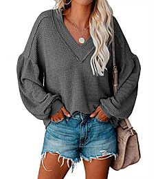 Womens Casual Waffle Knit Shirts Tunic Tops Oversized Sheer V Neck Balloon Sleeve Sweaters Loose Sweatshirts Blouses Dark Grey