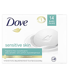 Dove Beauty Bar More Moisturizing Than Bar Soap for Softer Skin, Fragrance-Free, Hypoallergenic Beauty Bar Sensitive Skin With Gentle Cleanser, 3.75 Ounce (Pack of 14)