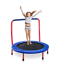 Kids Trampoline Portable & Foldable 36 Inch Round Jumping Mat for Toddler Durable Steel Metal Construction Frame with Padded Frame Cover and Handle Bar (Red - Blue (36 inch))