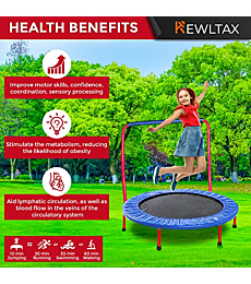 Kids Trampoline Portable & Foldable 36 Inch Round Jumping Mat for Toddler Durable Steel Metal Construction Frame with Padded Frame Cover and Handle Bar (Red - Blue (36 inch))