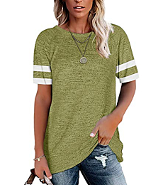 Womens T Shirts Short Sleeve Tunic Tops Loose Crewneck Color Block Casual Tee Shirts Blouses Army Green