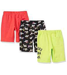 Spotted Zebra Boys' Knit Jersey Play Shorts, Pack of 3, Coral Orange/Lime Green/Black, Sharks, Medium