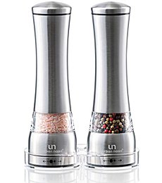 Salt and Pepper Grinder Set - Stainless Steel Pepper Grinder and Salt Grinder with Tray in Luxurious Gift-Box - Manual Mills with Ceramic Grinders and Adjustable Coarseness (Set of 2 plus Tray)