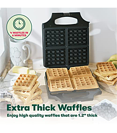 BELLA 4 Slice Non-Stick Belgian Waffle Maker, Fluffy Restaurant-Style Waffles in Under 6 Minutes, Quickly Makes 4 Large 4” x 4.5” & 1.2” Thick Waffles, Easily Wipe and Clean, Stainless Steel/Black