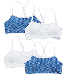 Reebok Girls’ Racerback Seamless Crop Cami Bralette with Removable Pads (4 Pack), Size 8-10, White/Blue Space Dye