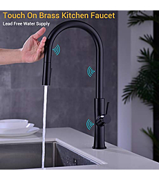 Touch-On Kitchen Faucet with Pull Down Sprayer Single Handle Brass Touch Activated Kitchen Sink Faucet with 2-Way Pull Out Sprayer, Lead-Free Water Supply, KPF-1322B-T, Matte Black