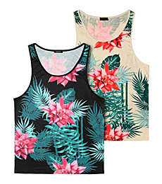 COOFANDY Men's Floral Tank Top Sleeveless Tees All Over Print Casual Sport Gym T-Shirts Hawaii Beach Vacation (Black/Beige, S)