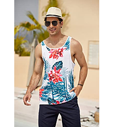 COOFANDY Men's Floral Tank Top Sleeveless Tees All Over Print Casual Sport Gym T-Shirts Hawaii Beach Vacation (Beige/White, XL)