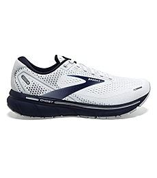 Brooks Ghost 14 Sneakers for Men Offers Soft Fabric Lining, Plush Tongue and Collar, and L Lace-Up Closure Shoes White/Grey/Navy 12.5 D - Medium