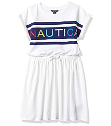 Nautica Girls' Short Sleeve Jersey Tee Dress with Cinched Waist, White, 16